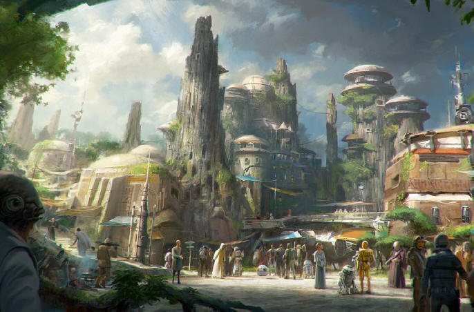 Star Wars-Themed Lands Coming to Disney Parks - Walt Disney Company Chairman and CEO Bob Iger announced at D23 EXPO 2015 that Star Wars-themed lands will be coming to Disneyland park in Anaheim, Calif., and Disney's Hollywood Studios in Orlando, Fla., creating Disney's largest single-themed land expansions ever at 14-acres each, transporting guests to a never-before-seen planet, a remote trading port and one of the last stops before wild space where Star Wars characters and their stories come to life. These authentic lands will have two signature attractions, including the ability to take the controls of one of the most recognizable ships in the galaxy, the Millennium Falcon, on a customized secret mission, and an epic Star Wars adventure that puts guests in the middle of a climactic battle. (Disney Parks) 
