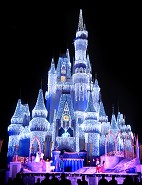 ICE CASTLE: Shimmering lights illuminate Cinderella Castle in Magic Kingdom during the holidays at Walt Disney World Resort in Lake Buena Vista, Fla. The Magic Kingdom icon is bathed in more than 200,000 tiny white lights that add a special sparkle to the season. (Gene Duncan, photographer)
