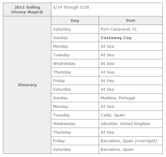 2011 Disney Magic Cruise Ship Itinerary