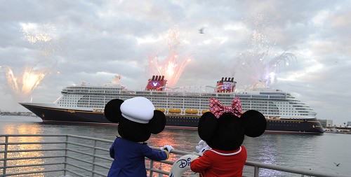 Mickey Mouse and Minnie Mouse welcome the Disney Dream, Disney Cruise Line's newest ship, as she arrives Jan. 4, 2011 for the first time to her home port of Port Canaveral, Fla. 