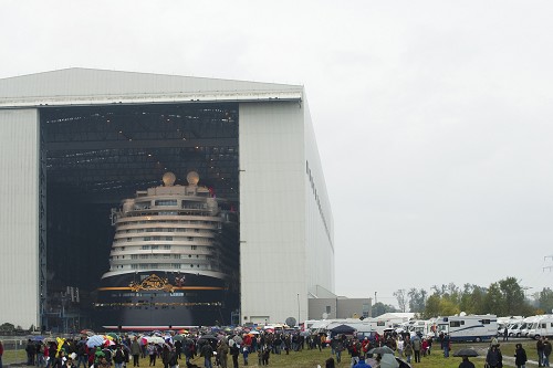 OCTOBER 30, 2010): The Disney Dream cruise ship makes its first public appearance Oct. 30, 2010 in Papenburg, Germany as it begins to exit an enclosed building dock, pulled by a tugboat, at the Meyer Werft shipyard. Thousands of local residents gathered to see the "float out" ceremony. The new ship is scheduled to sail its maiden voyage Jan. 26, 2011 from Port Canaveral, Fla. (Diana Zalucky, photographer)
